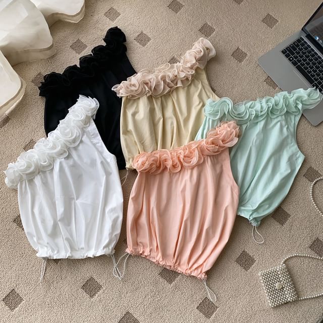 Lucuna-Sleeveless Ruffle Asymmetrical Plain Crop Top