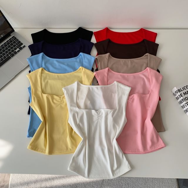 Lucuna-Sleeveless Square Neck Plain Ruched Top