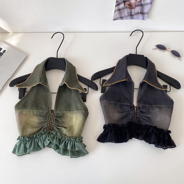 Lucuna-Sleeveless Zip-up Denim Crop Top