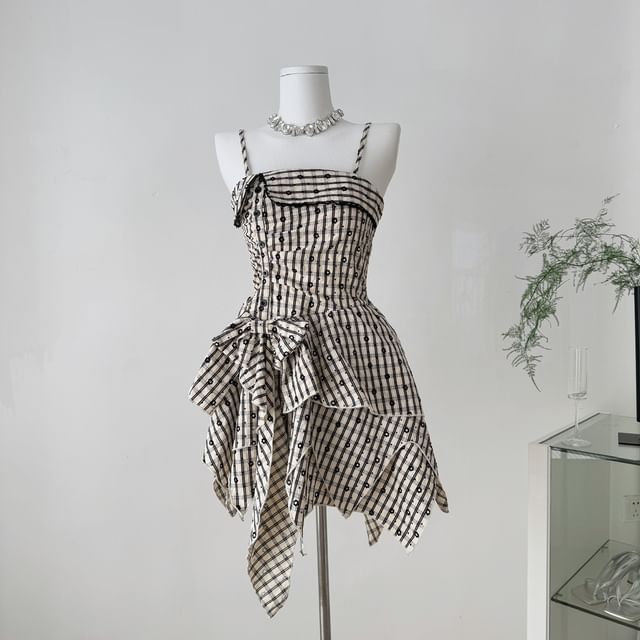 Lucuna-Spaghetti Strap Gingham Button-Up Asymmetrical Bow Mini A-Line Dress