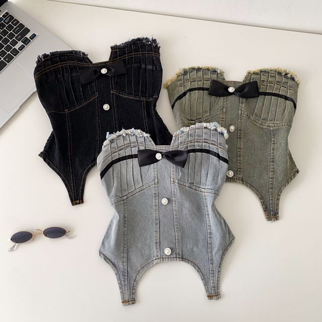 Lucuna-Strapless Frayed Denim Crop Top