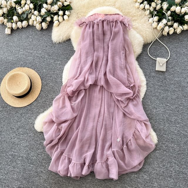 Lucuna-Strapless Plain Ruffle Hem Maxi A-Line Dress