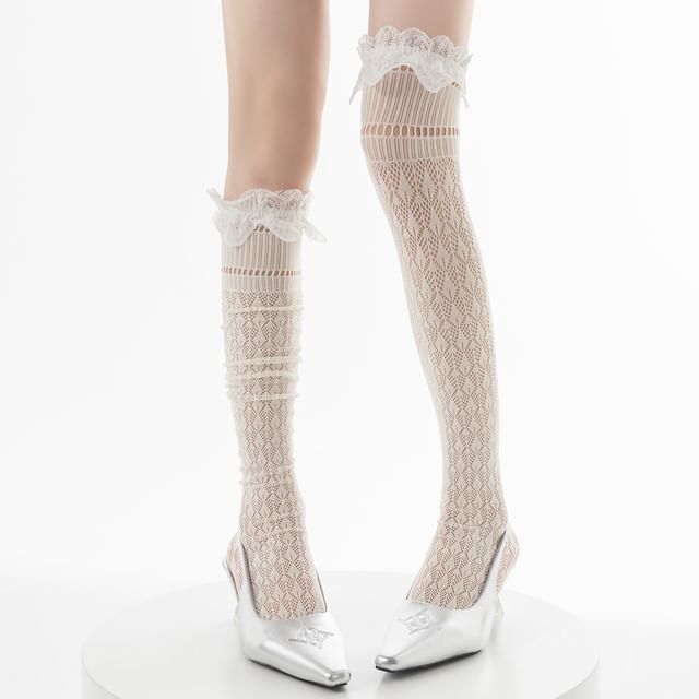 Lychee-Lace Trim Perforated Over-The-Knee Socks