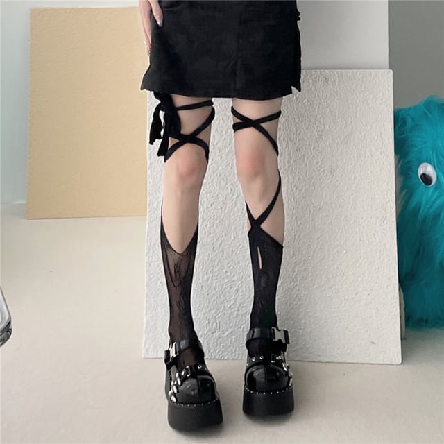 Lychee-Lace Up Tall Socks