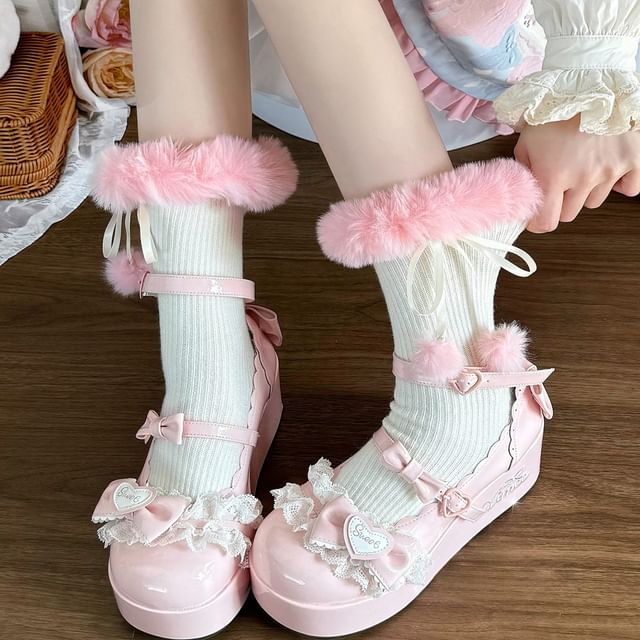 Lychee-Plain Fluffy Trim Pom Pom Ribbed Socks
