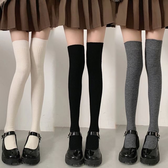 Lychee-Plain Ribbed Over The Knee Socks Knee High Socks