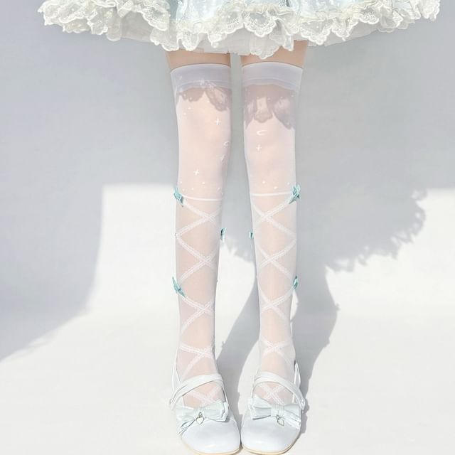 Lychee-Ribbon Accent Over-The-Knee Socks