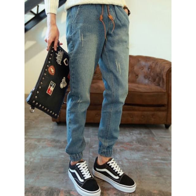 Macho-Drawstring Waist Washed Slim Fit Jeans