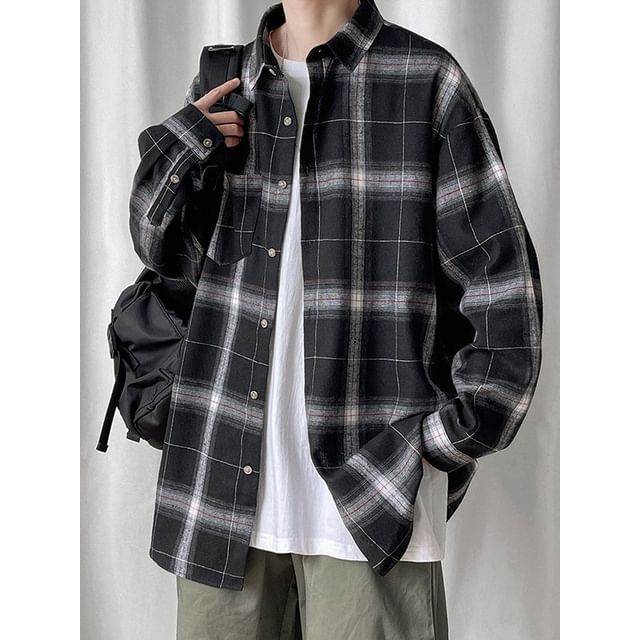 Macho-Long Sleeve Collared Plaid Shirt