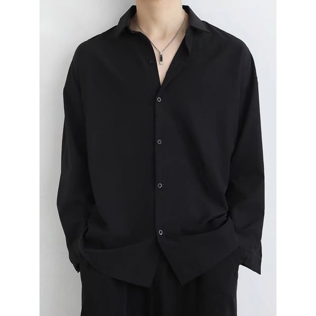 Macho-Long Sleeve Collared Plain Shirt