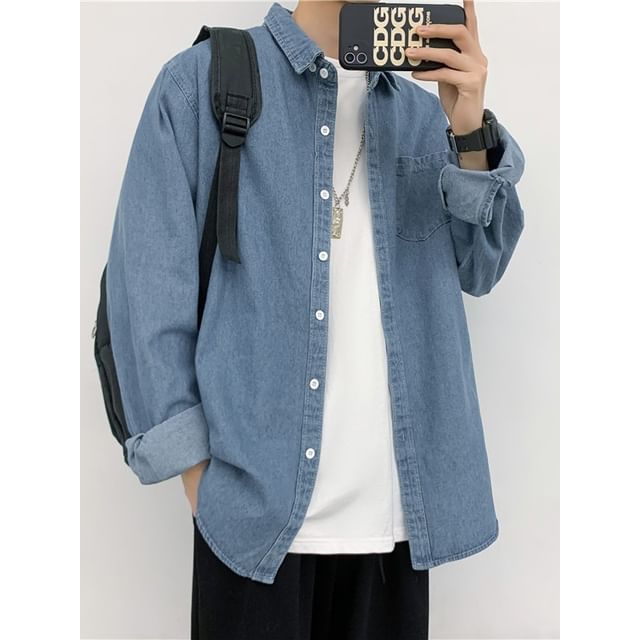 Macho-Long Sleeve Collared Washed Denim Shirt