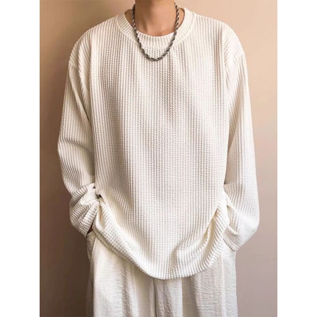 Macho-Long Sleeve Round Neck Plain Textured Top