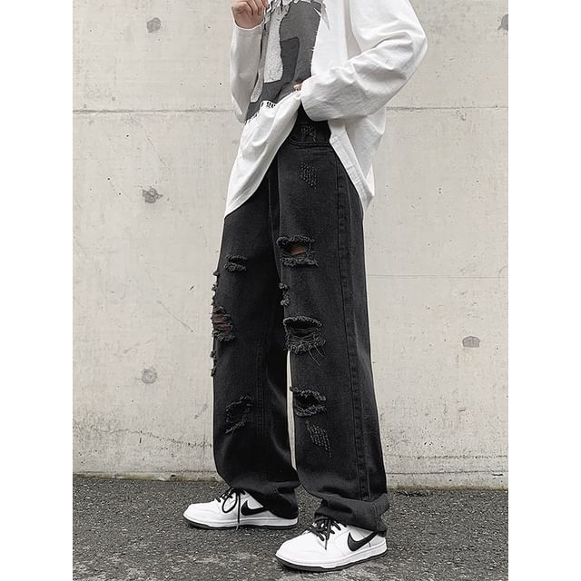 Macho-Mid Rise Washed Distressed Straight Leg Jeans
