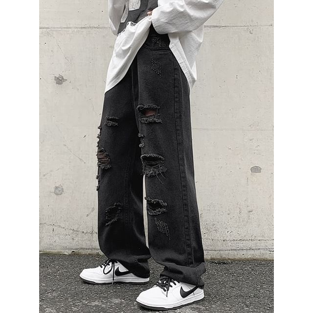 Macho-Mid Rise Washed Distressed Straight Leg Jeans