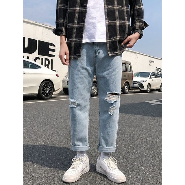 Macho-Mid Rise Washed Distressed Straight Leg Jeans