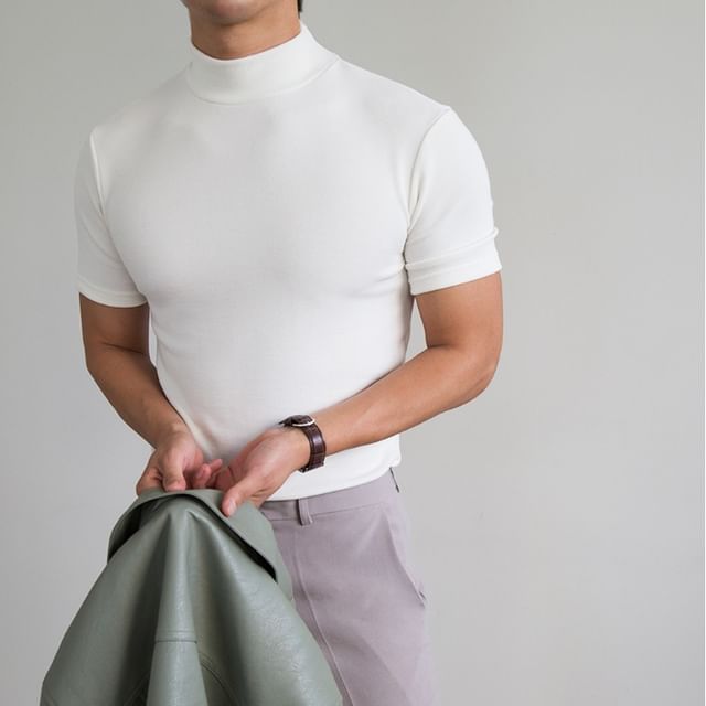 Macho-Short-Sleeve Mock Neck Plain T-Shirt