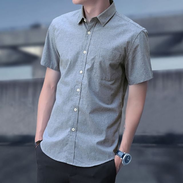Macho-Short-Sleeve Plain Button-Up Shirt