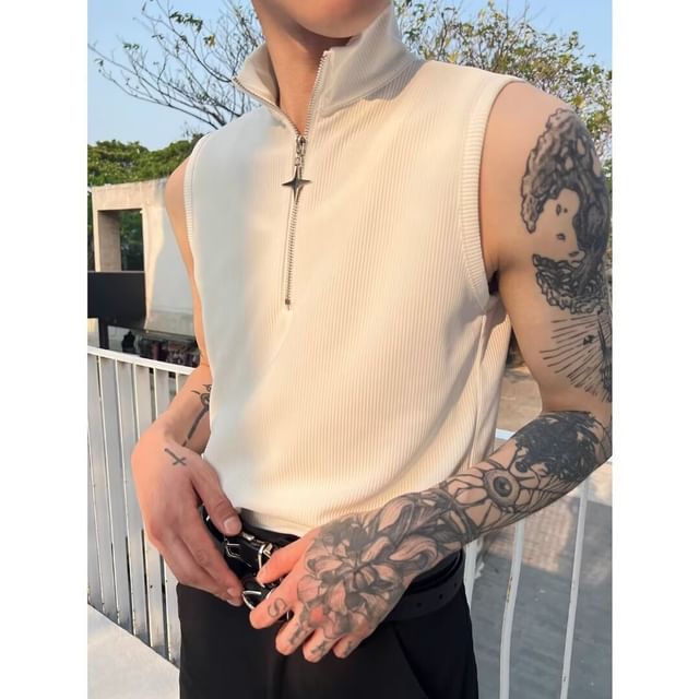 Macho-Sleeveless Plain Ribbed Half-Zip High Neck Top
