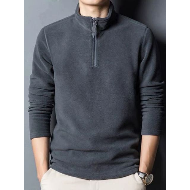 Macho-Stand Collar Plain Half Zip Fleece Sweatshirt
