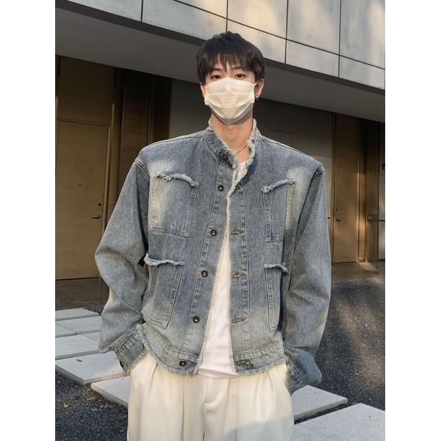 Macho-Stand Collar Washed Fray Button Denim Jacket