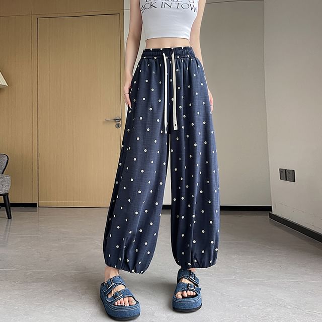 Magimomo-Drawstring Waist Dotted Cropped Harem Pants