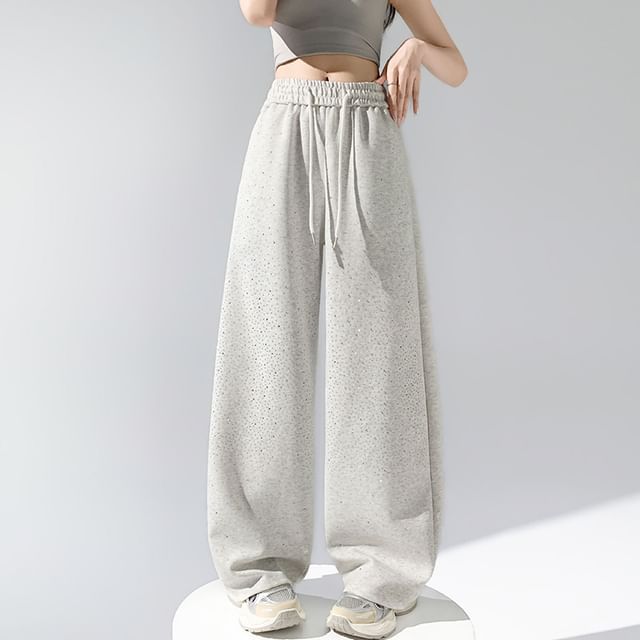 Magimomo-Drawstring Waist Glitter Wide Leg Sweatpants
