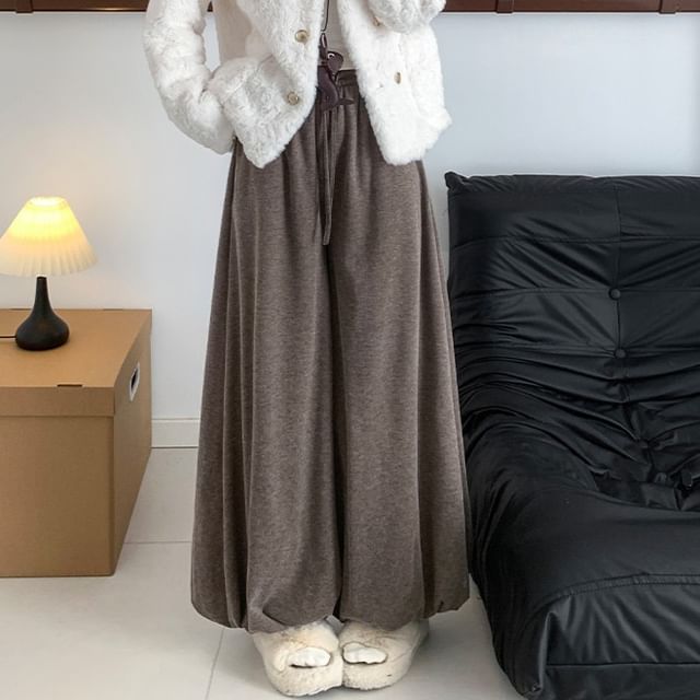 Magimomo-Drawstring Waist Melange Fleece-Lined Harem Pants