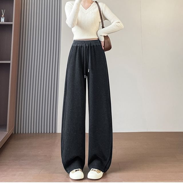 Magimomo-Drawstring Waist Plain Baggy Pants