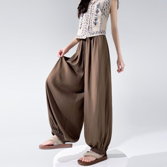 Magimomo-Drawstring Waist Plain Baggy Pants