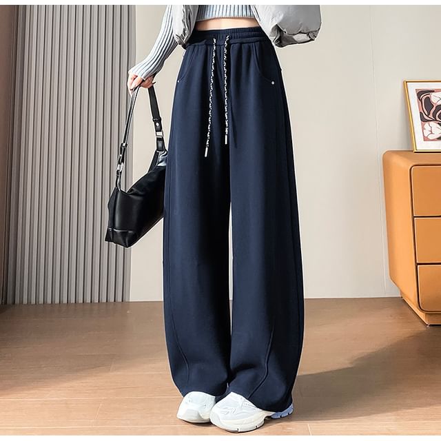 Magimomo-Drawstring Waist Plain Baggy Sweatpants