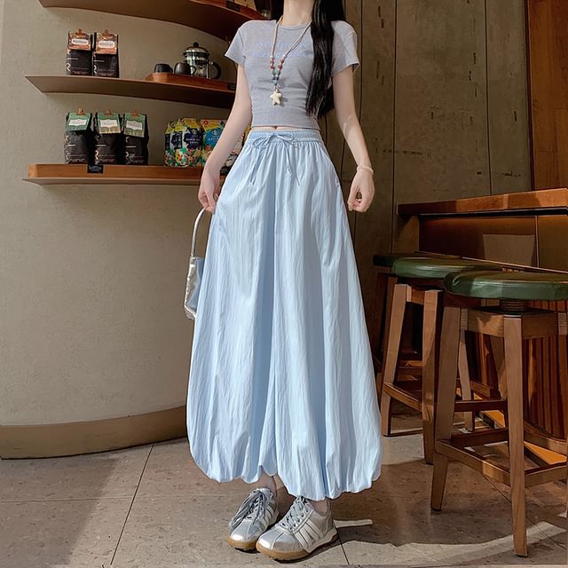 Magimomo-Drawstring Waist Plain Bubble Hem Cropped Harem Pants