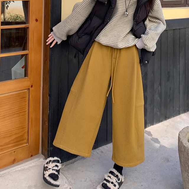 Magimomo-Drawstring Waist Plain Crop Wide Leg Pants