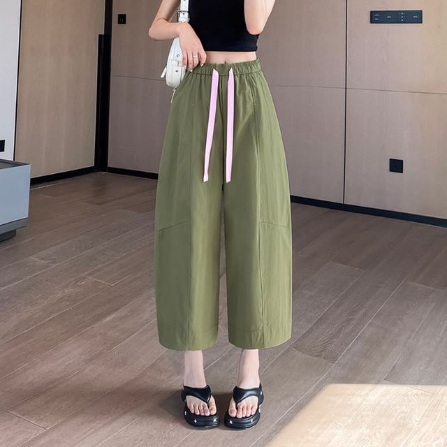 Magimomo-Drawstring Waist Plain Cropped Baggy Pants