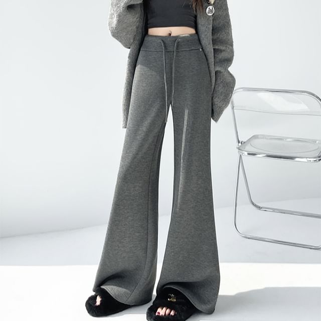 Magimomo-Drawstring Waist Plain Flared Pants Various Designs