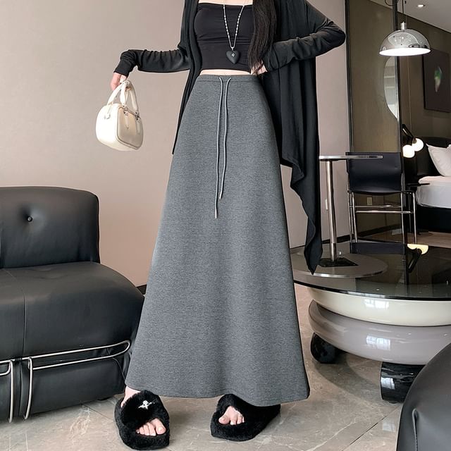 Magimomo-Drawstring Waist Plain Maxi A-Line Skirt