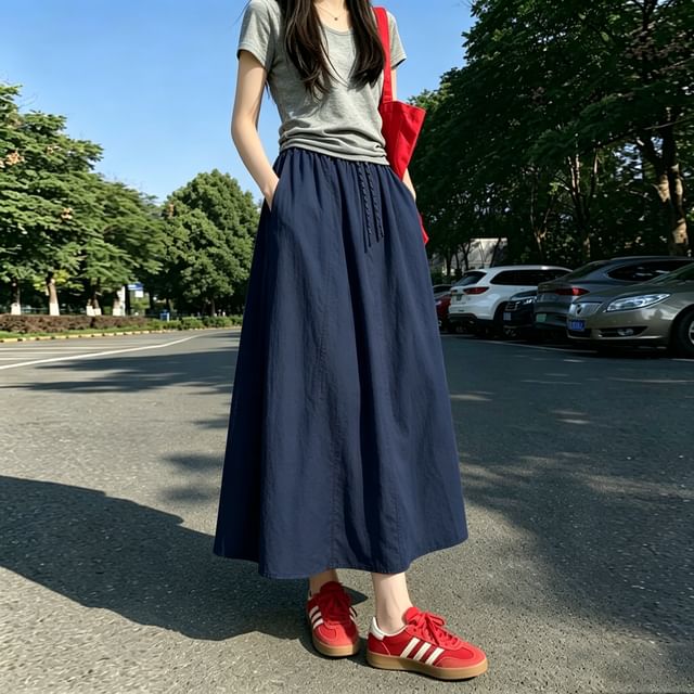 Magimomo-Drawstring Waist Plain Maxi A-Line Skirt