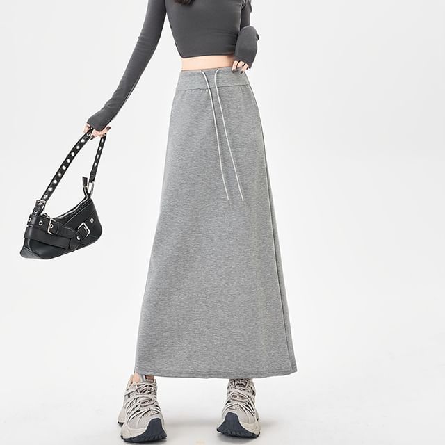 Magimomo-Drawstring Waist Plain Maxi Skirt