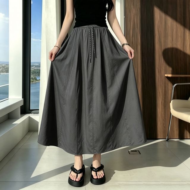 Magimomo-Drawstring Waist Plain Midi A-Line Skirt