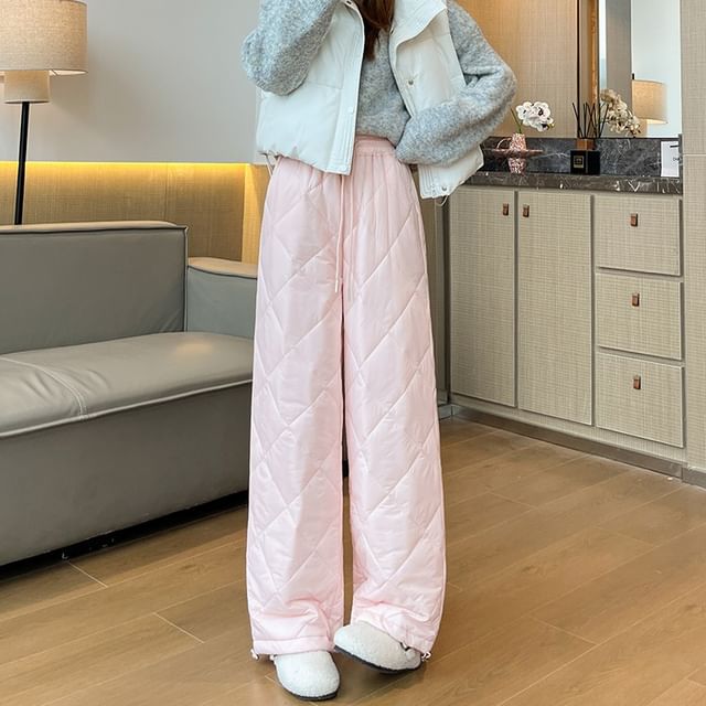 Magimomo-Drawstring Waist Plain Quilted Wide Leg Pants