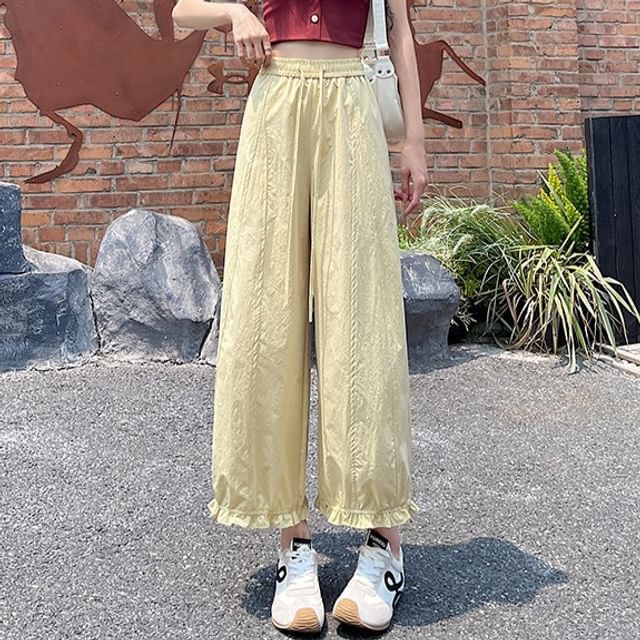 Magimomo-Drawstring Waist Plain Ruffle Cropped Baggy Pants