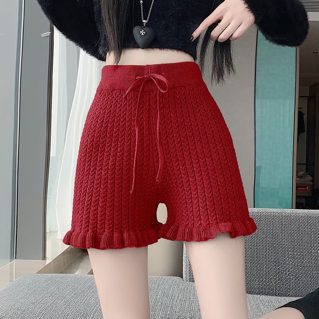 Magimomo-Drawstring Waist Plain Ruffle Trim Knit Shorts