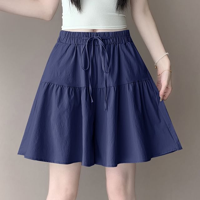 Magimomo-Drawstring Waist Plain Skort