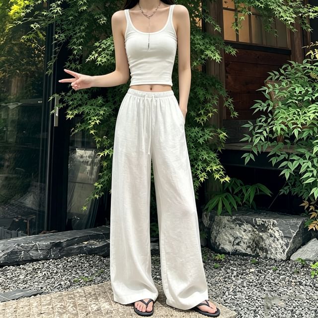 Magimomo-Drawstring Waist Plain Wide Leg Pants