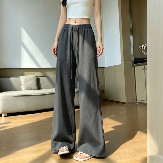 Magimomo-Drawstring Waist Plain Wide Leg Pants