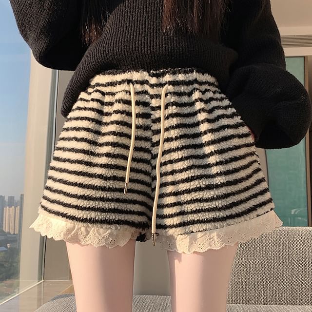 Magimomo-Drawstring Waist Striped Fleece Shorts