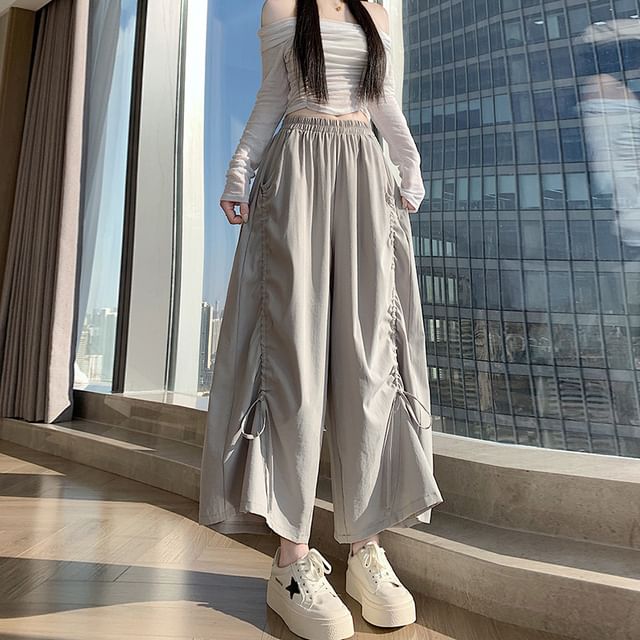 Magimomo-Elastic Waist Plain Drawstring Cropped Culottes