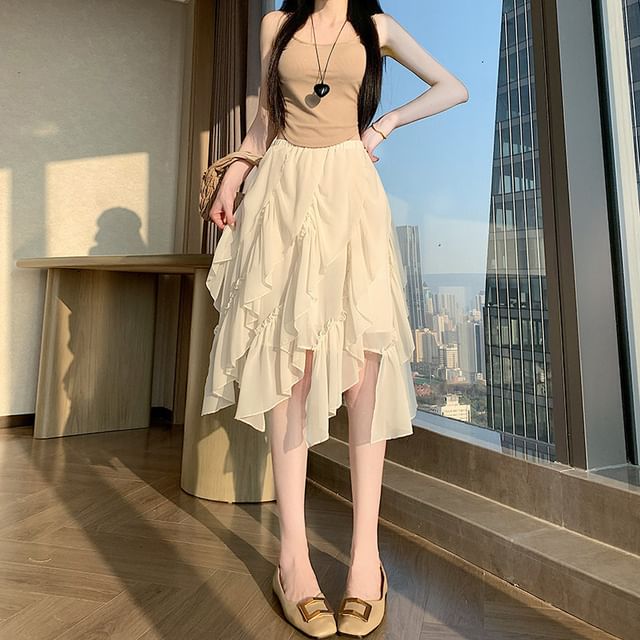 Magimomo-Elastic Waist Plain Ruffle Panel Asymmetrical Midi A-Line Skirt