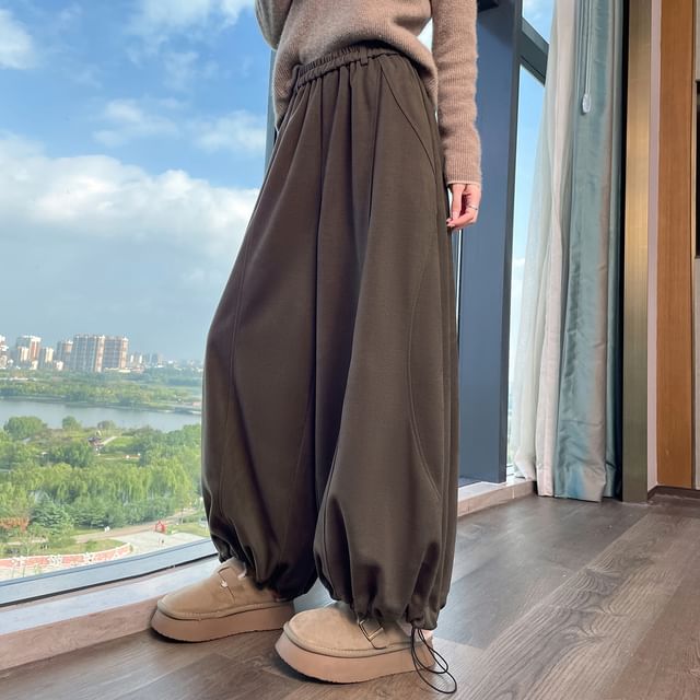 Magimomo-Elastic Waist Plain Wide Leg Pants