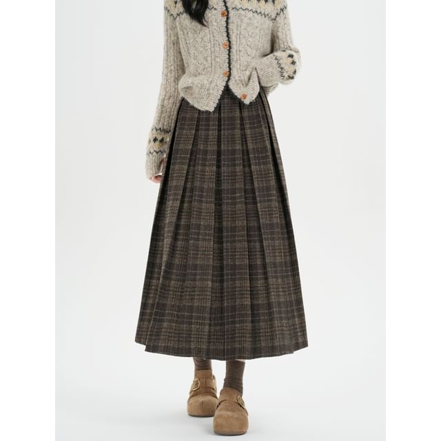 Magimomo-High Rise Plaid Midi A-Line Pleated Skirt