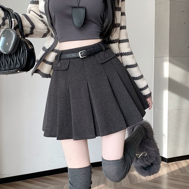 Magimomo-High Rise Plain Mini Pleated Skirt